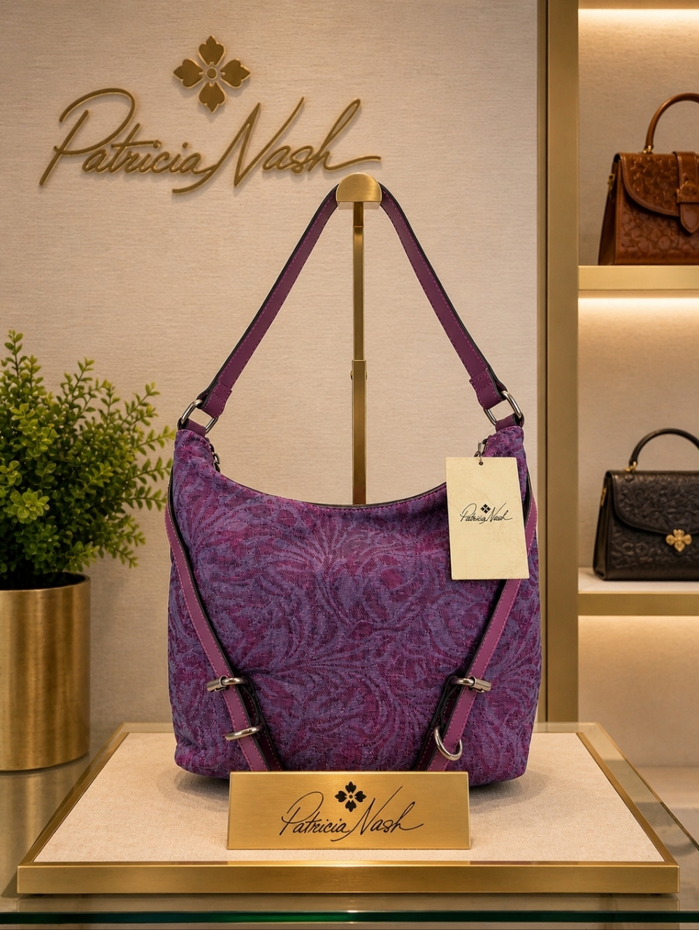 Patricia Nash Elia Hobo Cavo Tooled Denim Purple Pink Distressed Shoulder Bag
